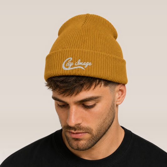 City Image Ribbed Beanie (Mustard Yellow) — on model