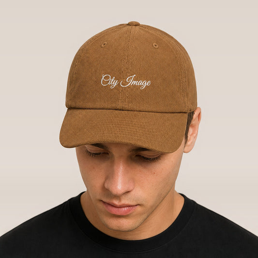 City Image Script Corduroy Hat (Camel) on model
