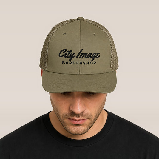City Image Script Trucker Cap (Loden) on model