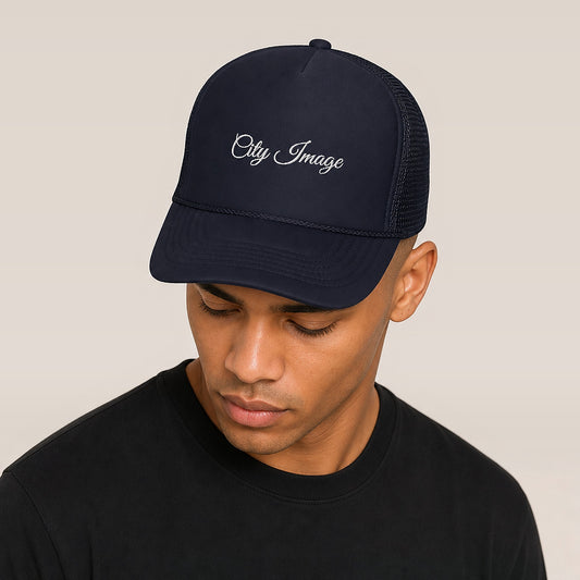 City Image Script Foam Trucker Hat (Navy) — on model