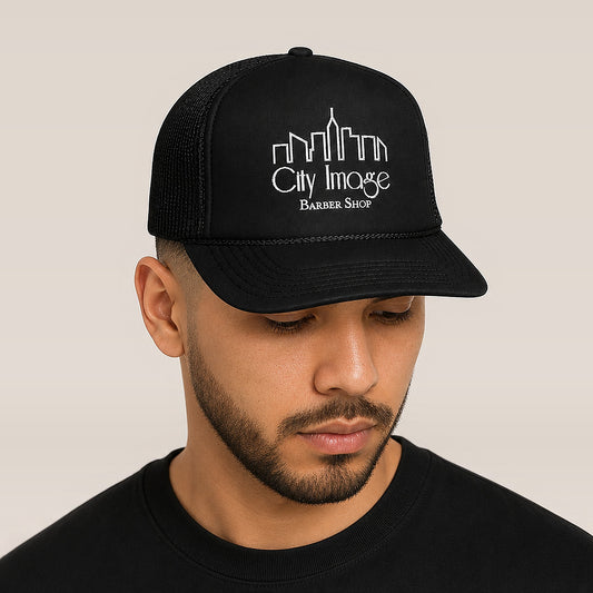 City Image Logo Foam Trucker Hat — on model