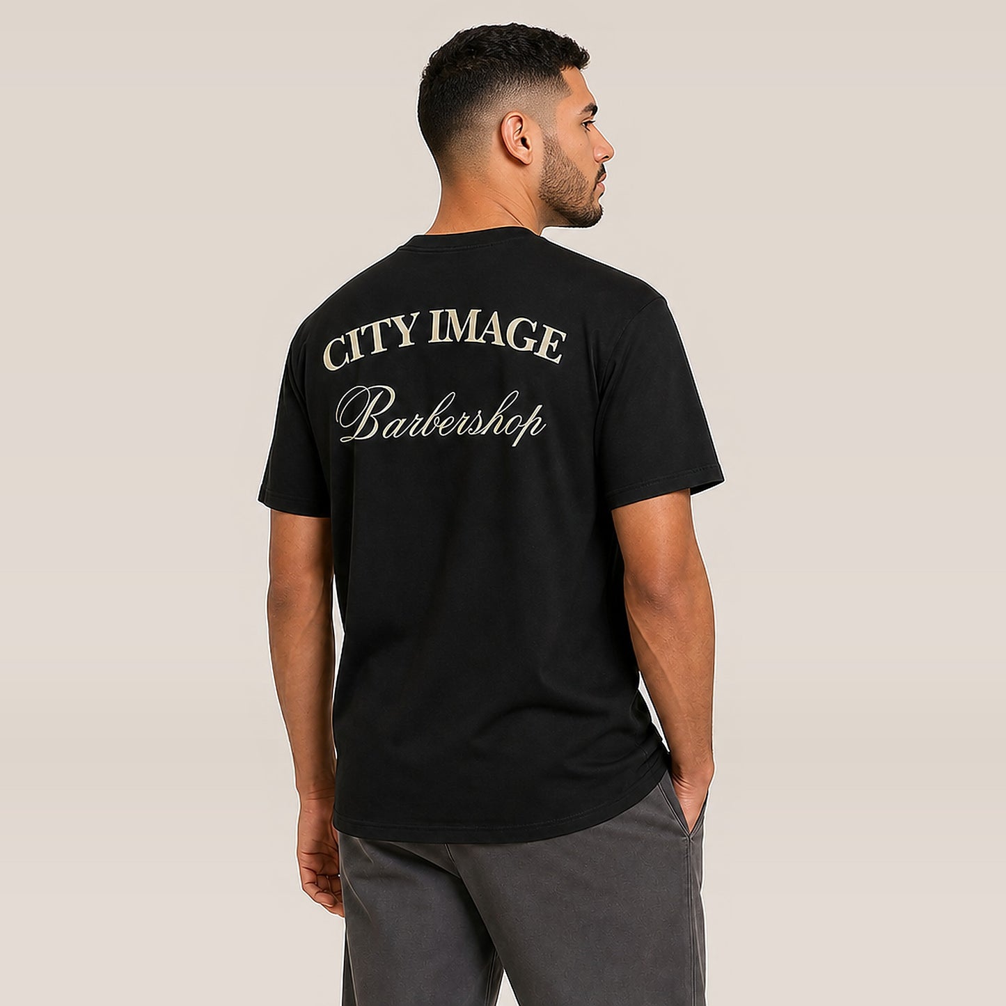 City Image Script Heavyweight Tee (Black/Tan) — on model