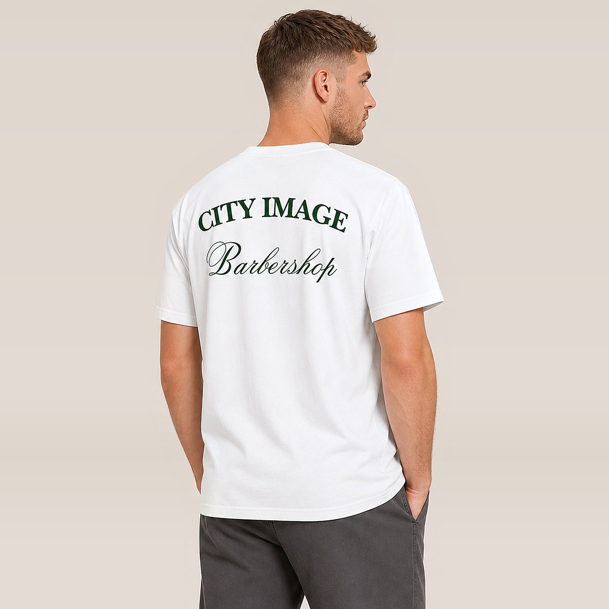 City Image Script Heavyweight Tee (White/Forest) — on model