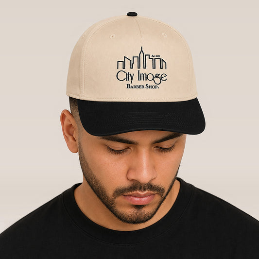City Image Logo Snapback (Cream/Black) — on model