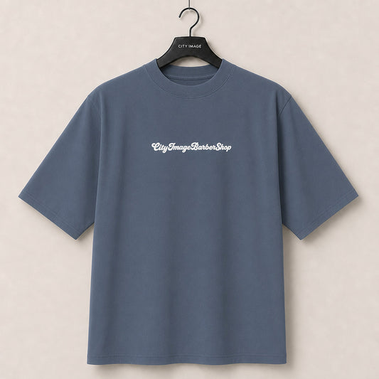City Image Logo Script Oversized Tee (Faded Indigo) - City Image Barber Shop merch, view 1