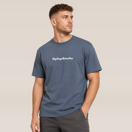 City Image Logo Script Oversized Tee (Faded Indigo) on model
