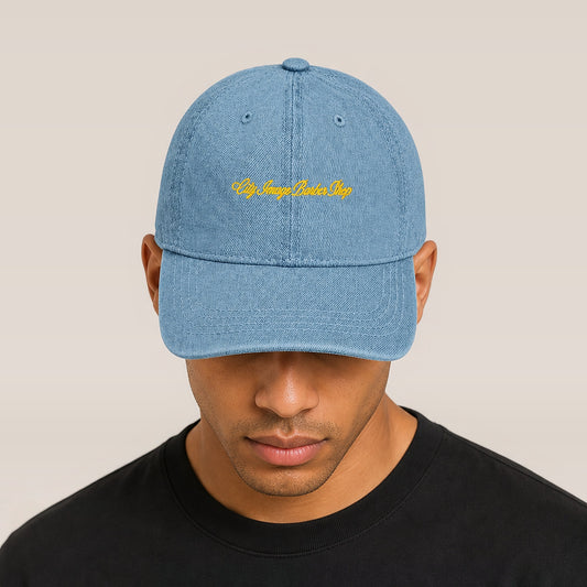 City Image Script Denim Hat on model