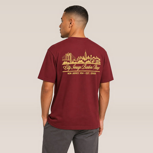 City Image Skyline Heavyweight Tee (Brick Red) on model