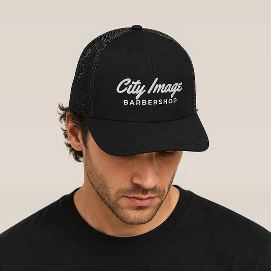City Image Script Trucker Cap (Black) on model