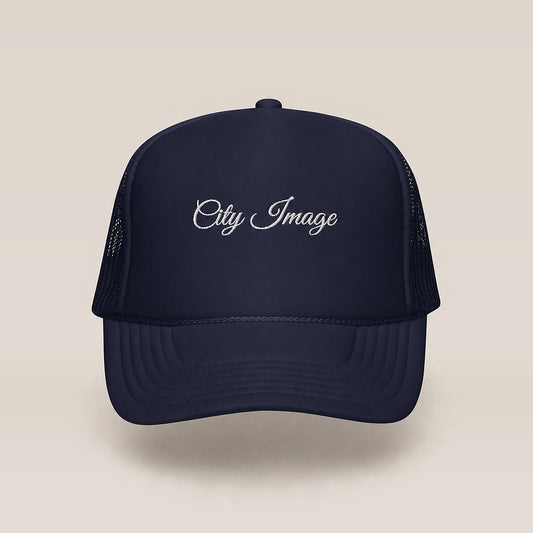 City Image Script Foam Trucker Hat (Navy) — front