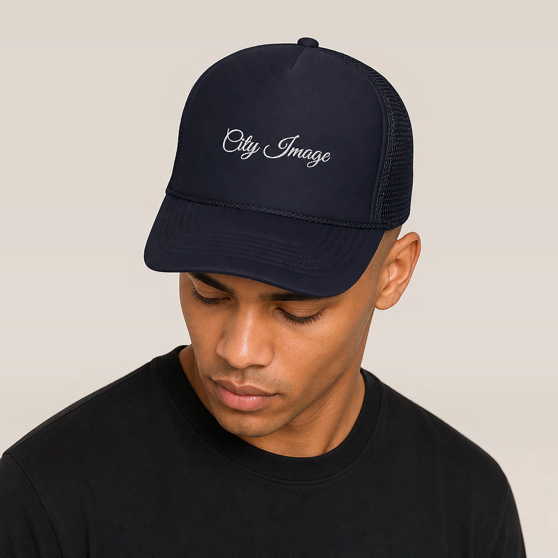 City Image Script Foam Trucker Hat (Navy) — on model