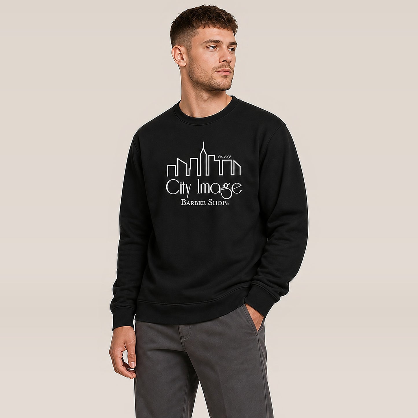 City Image Logo Crewneck Sweatshirt — on model