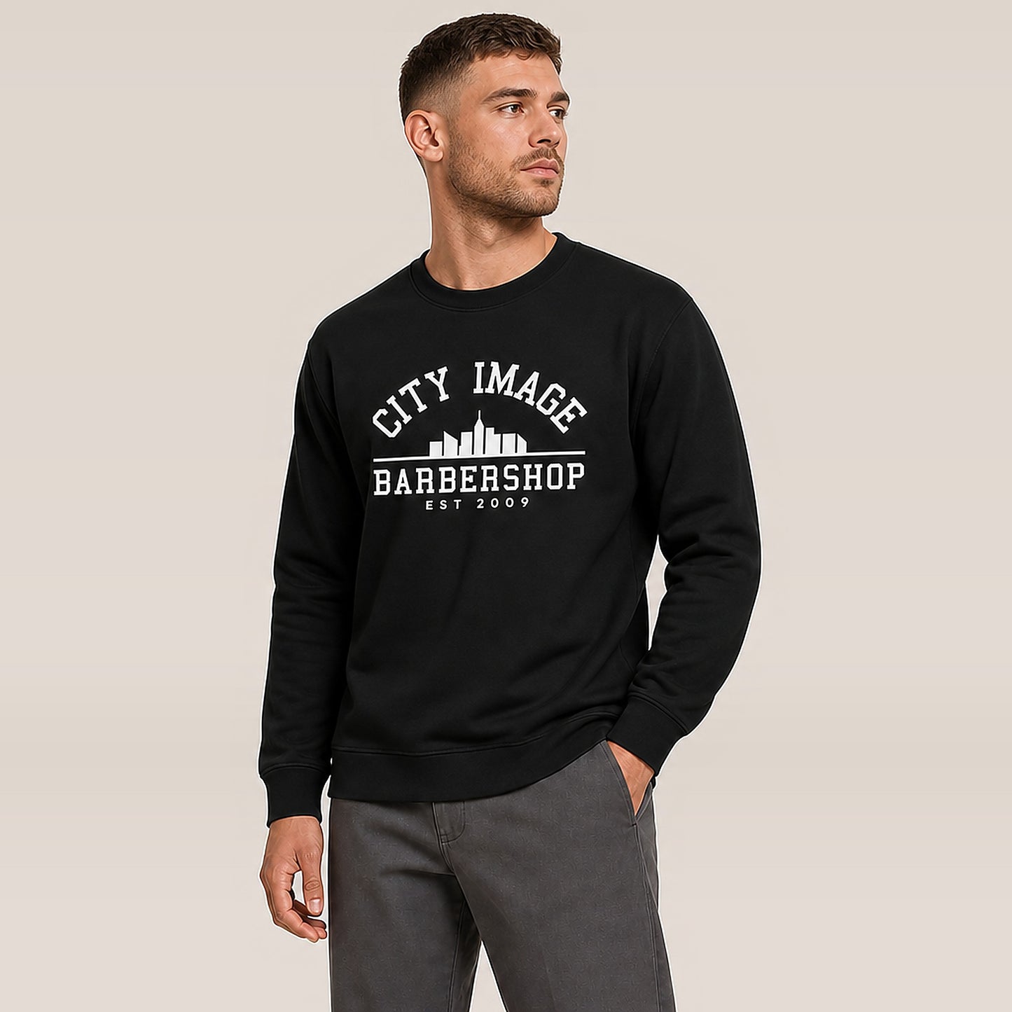 City Image College Crewneck Sweatshirt (Black) — on model