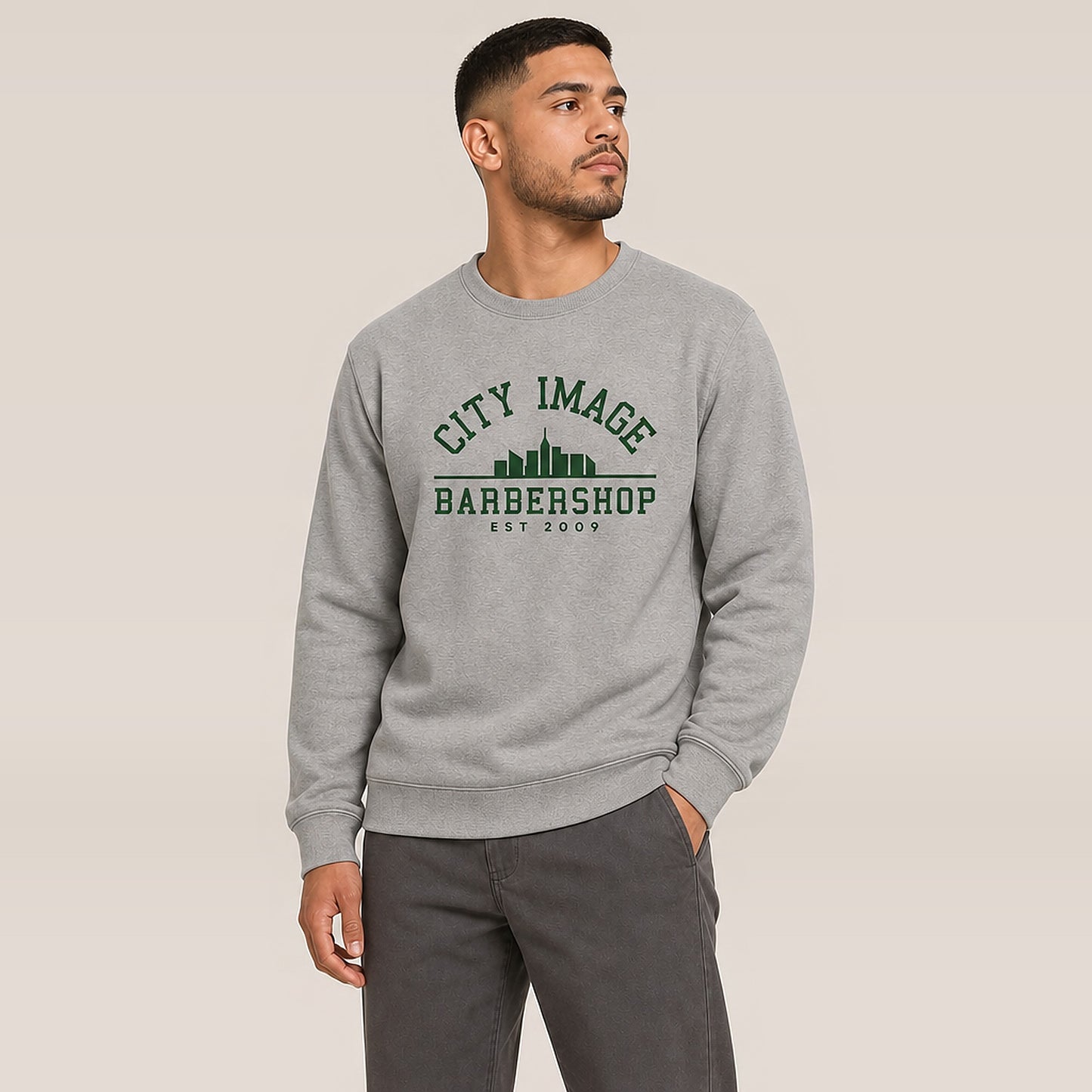 City Image College Crewneck Sweatshirt (Carbon Grey) — on model