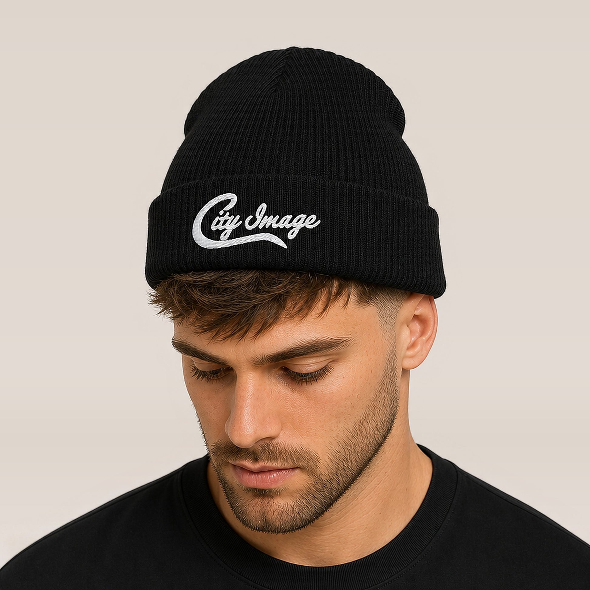 City Image Ribbed Beanie — on model